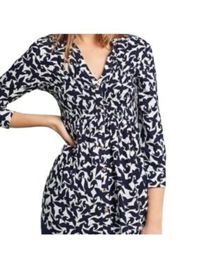 Maeve Alexa Blue White Linen Blend V-Neck 3/4 Sleeve Blouse XS